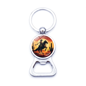 Detailed view of silver metal cowboy silhouette bottle opener keychain with sunset design