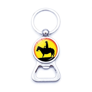 Vintage Western Cowboy Sunset Silhouette Beer Bottle Opener Keychain Zinc Alloy Metal Key Ring With Glass Cabochon Horse Cactus Design Bag Pendant