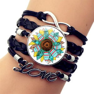 Bracciale multistrato in pelle con simbolo dell'infinito e ciondolo a girasole in vetro