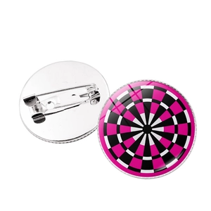 Front and back view of colorful dartboard brooch with a secure metal pin fastening