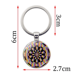 Detailed dimensions of colorful dartboard glass dome keychain with 6cm total length