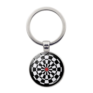 Detailed view of silver dartboard keychain with red target center and glass dome finish