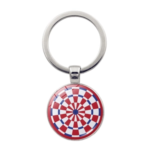 Colorful target dartboard keychain with red blue and white geometric patterns