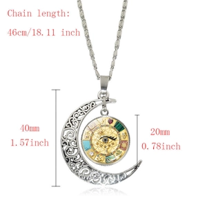 Bohemian silver evil eye crescent moon pendant necklace with detailed size specifications