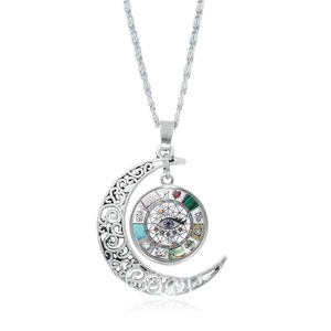 Bohemian silver evil eye pendant necklace with moon crescent and multi-symbol charms