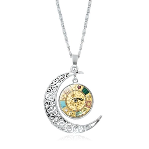 Bohemian Evil Eye Pendant Necklace Hollow Crescent Moon Rotating Disk Alloy Glass Retro Mystic Jewelry For Women