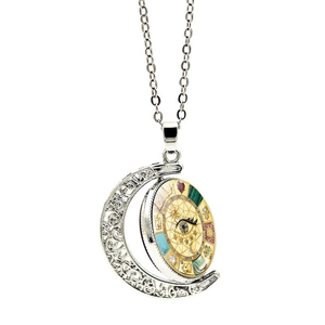 Collier lune bohème avec pendentif rotatif soleil œil protecteur et détails cœur doré