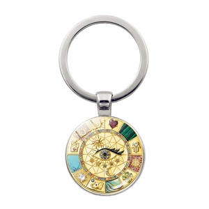 Detailed shot of bohemian evil eye keychain with gold mystical lucky charms and crystals