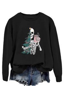 Detail of Sorta Merry Sorta Scary print on a black crewneck sweatshirt with holiday graphics