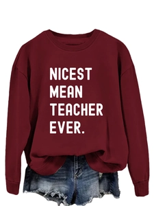 Detail of white slogan print on wine red crew neck sweatshirt for teachers