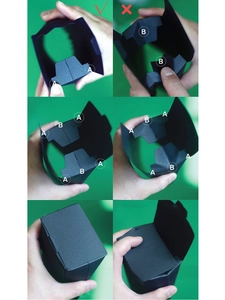 Instructional view of black folding gift box assembly with correct folding steps shown
