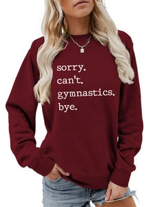 Detail view of burgundy gymnastics slogan sweatshirt with white text printing