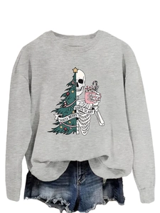 Detail of Sorta Merry Sorta Scary Christmas tree and skull print on gray crewneck sweatshirt