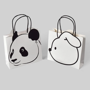 Paper Gift Bags With Handles White Cardstock Cute Cartoon Panda Dog Prints Birthday Party Favor Packaging Creative Minimalist