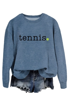 Detail of greyish blue tennis sweatshirt with navy distressed denim shorts outfit set
