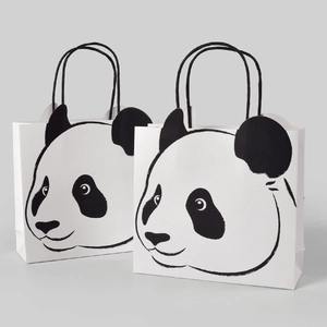 Set of two minimalist panda print paper gift bags with black nylon rope handles