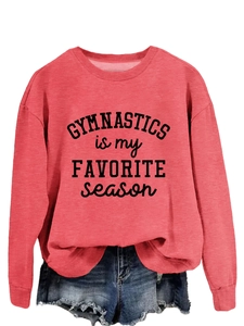 Detail view of coral red long sleeve sweatshirt with Gymnastics letter print