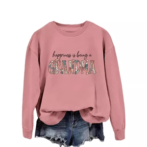 Pink crewneck sweatshirt for women featuring floral grandma print and dropped shoulders