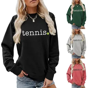 Women Sweatshirt Cotton Blend Long Sleeve Crew Neck Tennis Letter Print Loose Fit Sporty Streetwear Pullover