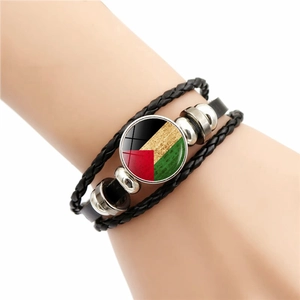 Multilayer leather bracelet featuring Palestine flag glass charm and woven black ropes