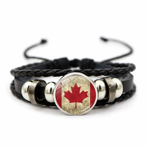 Multilayer black leather bracelet with Canada flag glass charm and metal beads