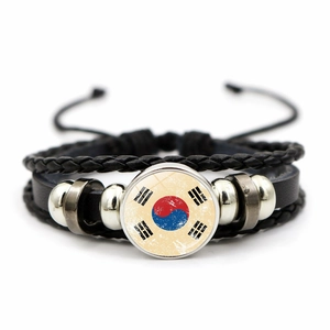 Handmade multilayer leather bracelet with vintage South Korean flag glass cabochon charm