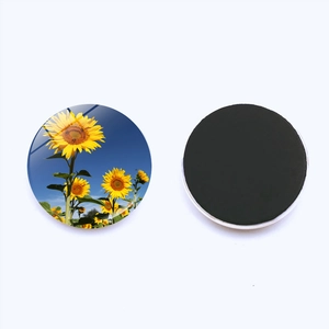 Detail of 25mm round glass sunflower fridge magnet showing front pattern and magnetic back