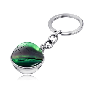 Northern Lights time gem keychain with silver metal ring and green aurora glass pendant
