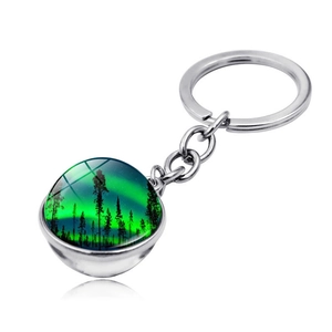Starry Aurora Borealis glass gem keychain with silver metal ring and forest pendant