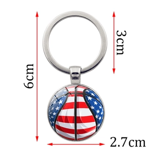 US flag basketball keychain with round glass pendant and silver alloy keyring for sports fans
