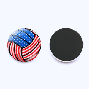 Detail of USA flag volleyball round magnet showing front design and back magnetic base