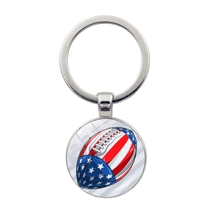 American flag pattern football keychain with a metal ring on a clean white background