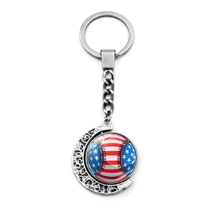 Porte-clés baseball rotatif avec drapeau américain et cadre croissant en argent