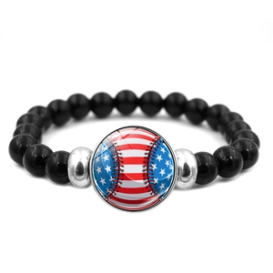 Pulsera elástica de béisbol con bandera americana, cuentas negras pulidas y metal
