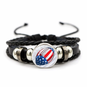 Multilayer Braided Leather Bracelet Sports Theme US Flag Design Alloy Glass Adjustable Jewelry Gift For Men Women