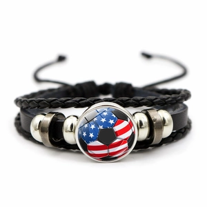 Braided leather American flag football bracelet with sports theme and adjustable beads
