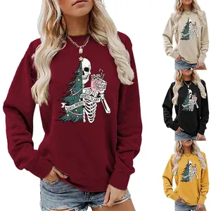 Women Crewneck Sweatshirt Sorta Merry Sorta Scary Skeleton Christmas Tree Print Long Sleeve Cotton Blend Casual Top