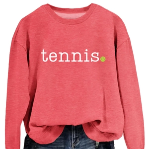 Red tennis logo sweatshirt with crew neck and comfortable loose fit for women