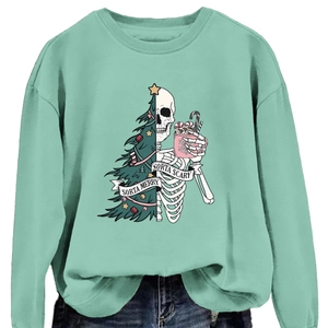 Mint green crewneck sweatshirt with Sorta Merry Sorta Scary skull Christmas tree print