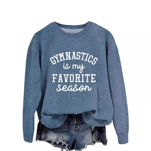 Blue gymnastics sweatshirt with denim shorts set featuring white letter slogan print