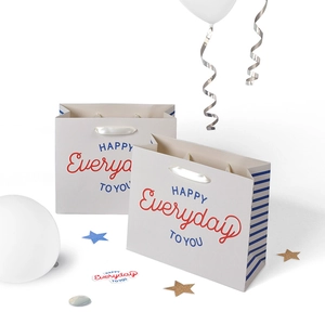 Blue striped white card gift bag with 'HAPPY Everyday' text and matching small greeting card