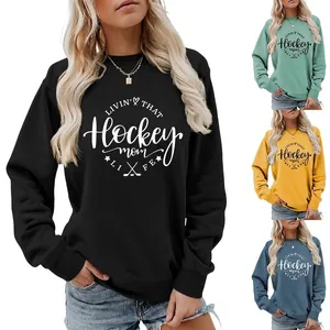 Women Crewneck Sweatshirt Long Sleeve Hockey Mom Life Graphic Print Loose Fit Casual Pullover Cotton Blend Sporty Top
