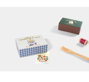 Detail of cute cartoon cat and rabbit gift boxes with creative decorative cards