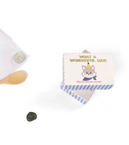 Close-up of a square gift box with a cartoon cat illustration and blue checkered sides