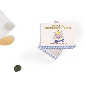 Boîte cadeau carrée avec illustration chat violet et motifs à carreaux bleus pour pâtisserie