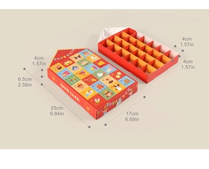 Detail view of red house-shaped advent calendar box with 24 compartments for gifts