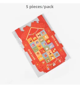 Flat lay of 5-pack red 24-day countdown advent calendar boxes with Good Luck design