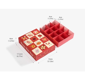 Dimensiones detalladas de la caja sorpresa roja de 12 rejillas con motivos del Año Nuevo Chino