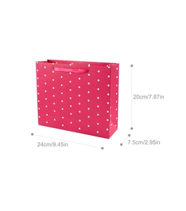 Detailed size specifications for pink polka dot paper gift bag with satin handles