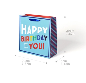 Blue Happy Birthday gift bag with size specs 20x20x8cm and silk handles